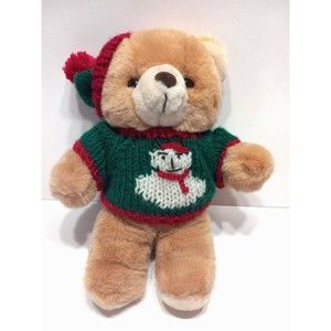 Fine Toys Brown Plush Bear Christmas Snowman Sweater Hat Stuffed Animal 11" Vtg